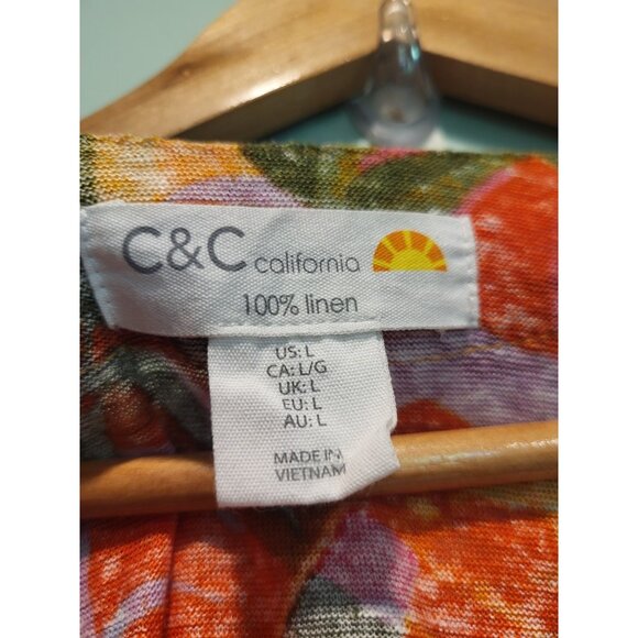 Colorful Tropical 100% Linen Knit Button Up Cap Sleeve Top Sz L - Picture 4 of 4